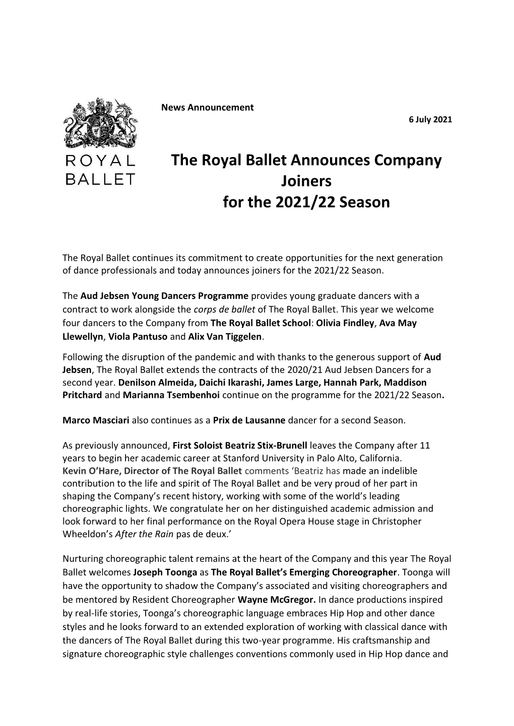 The Royal Ballet Announces Company Joiners for the 2021/22 Season