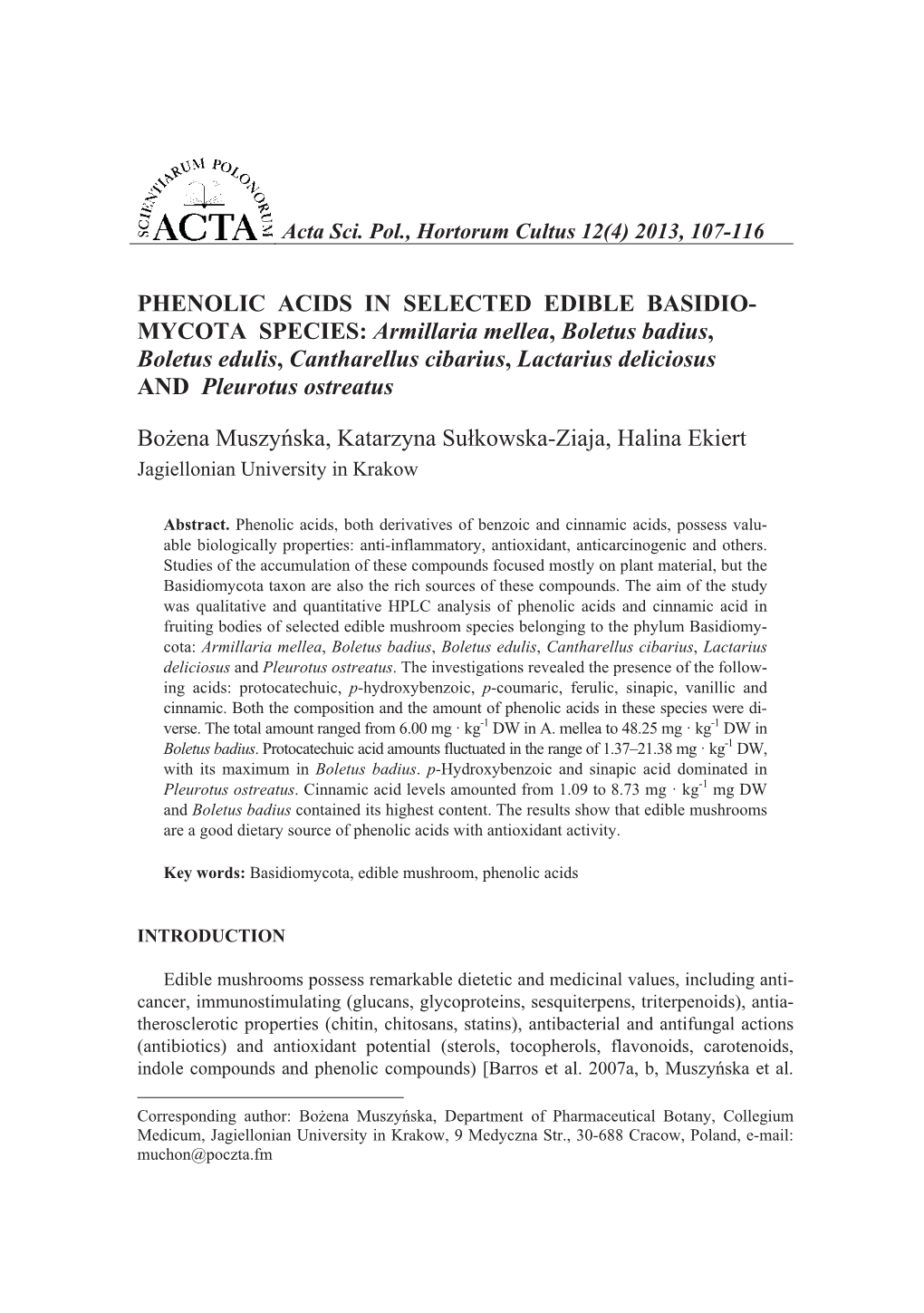 Phenolic Acids in Selected Edible Basidiomycota Species: Armillaria