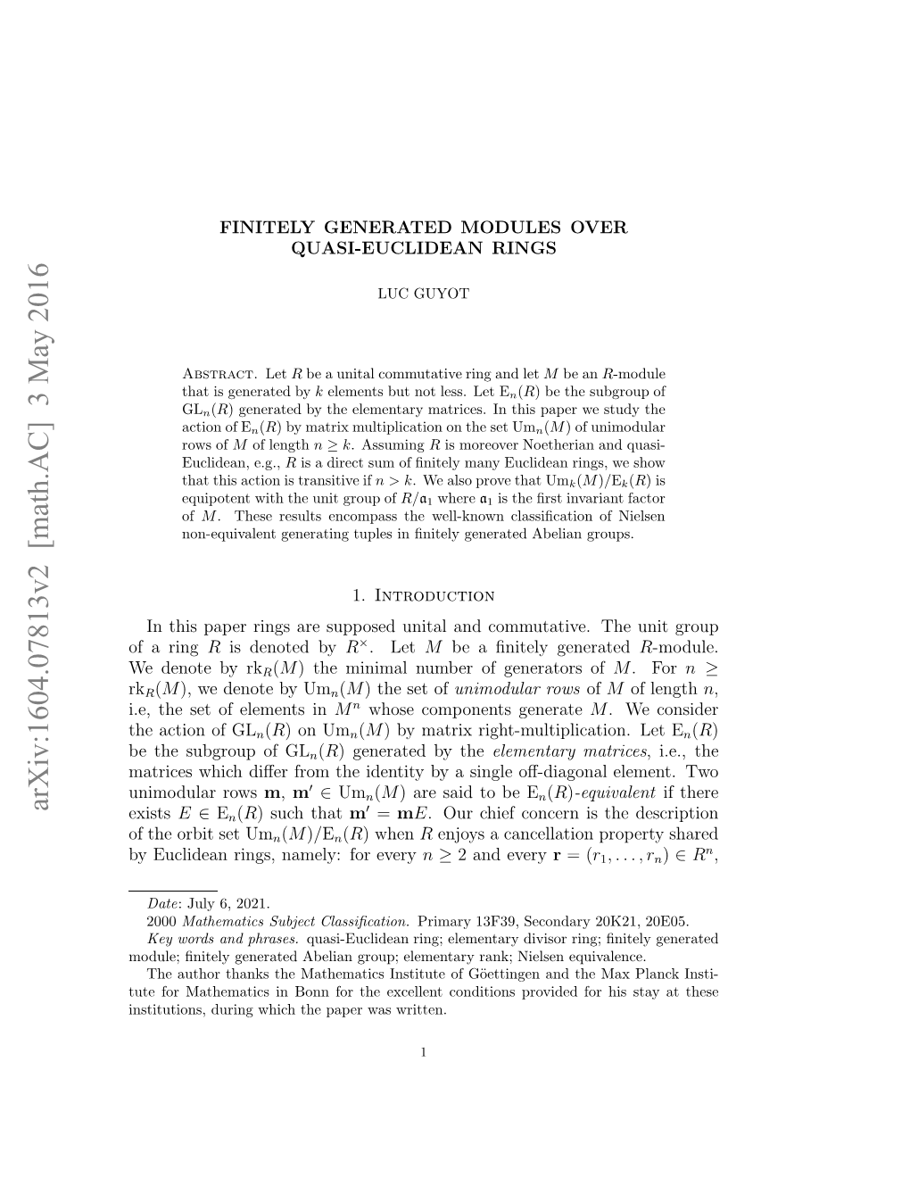 Arxiv:1604.07813V2 [Math.AC] 3 May 2016 Uefrmteaisi Onfrteecletcniin Rvddf Provided Conditions Written