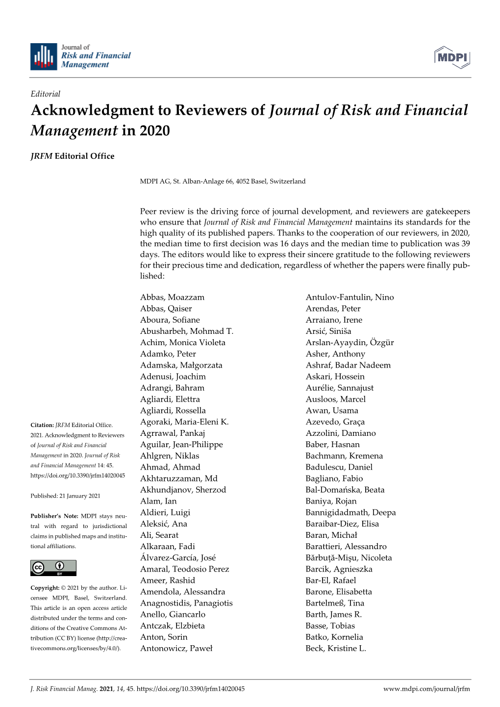 Acknowledgment to Reviewers of Journal of Risk and Financial Management in 2020