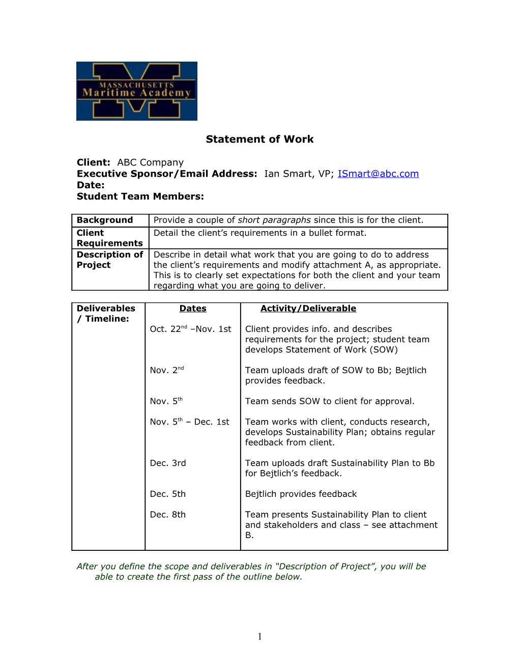 Statement of Work Sustainability Planning