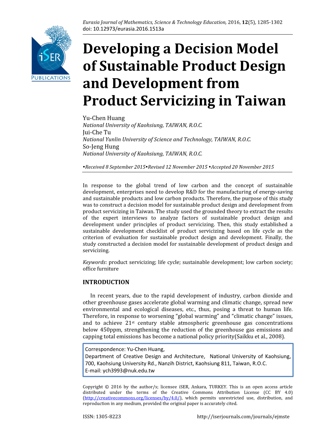 Developing a Decision Model of Sustainable Product Design and Development from Product Servicizing in Taiwan