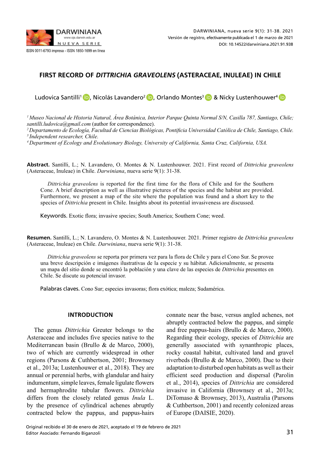 First Record of Dittrichia Graveolens (Asteraceae, Inuleae) in Chile