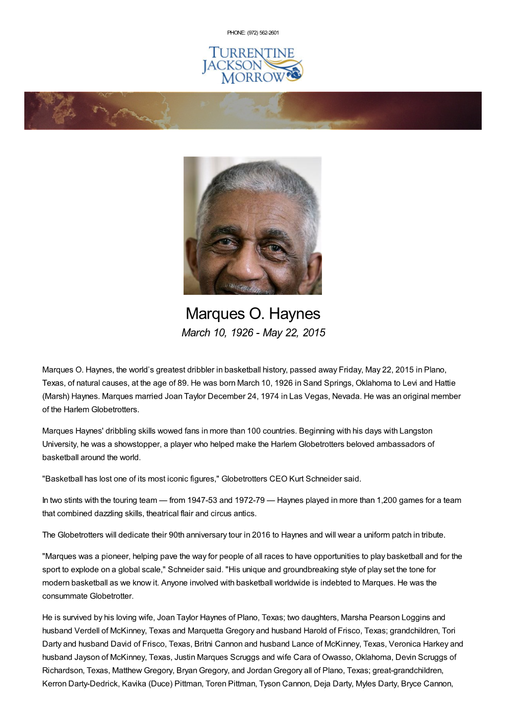 Marques O. Haynes March 10, 1926 - May 22, 2015