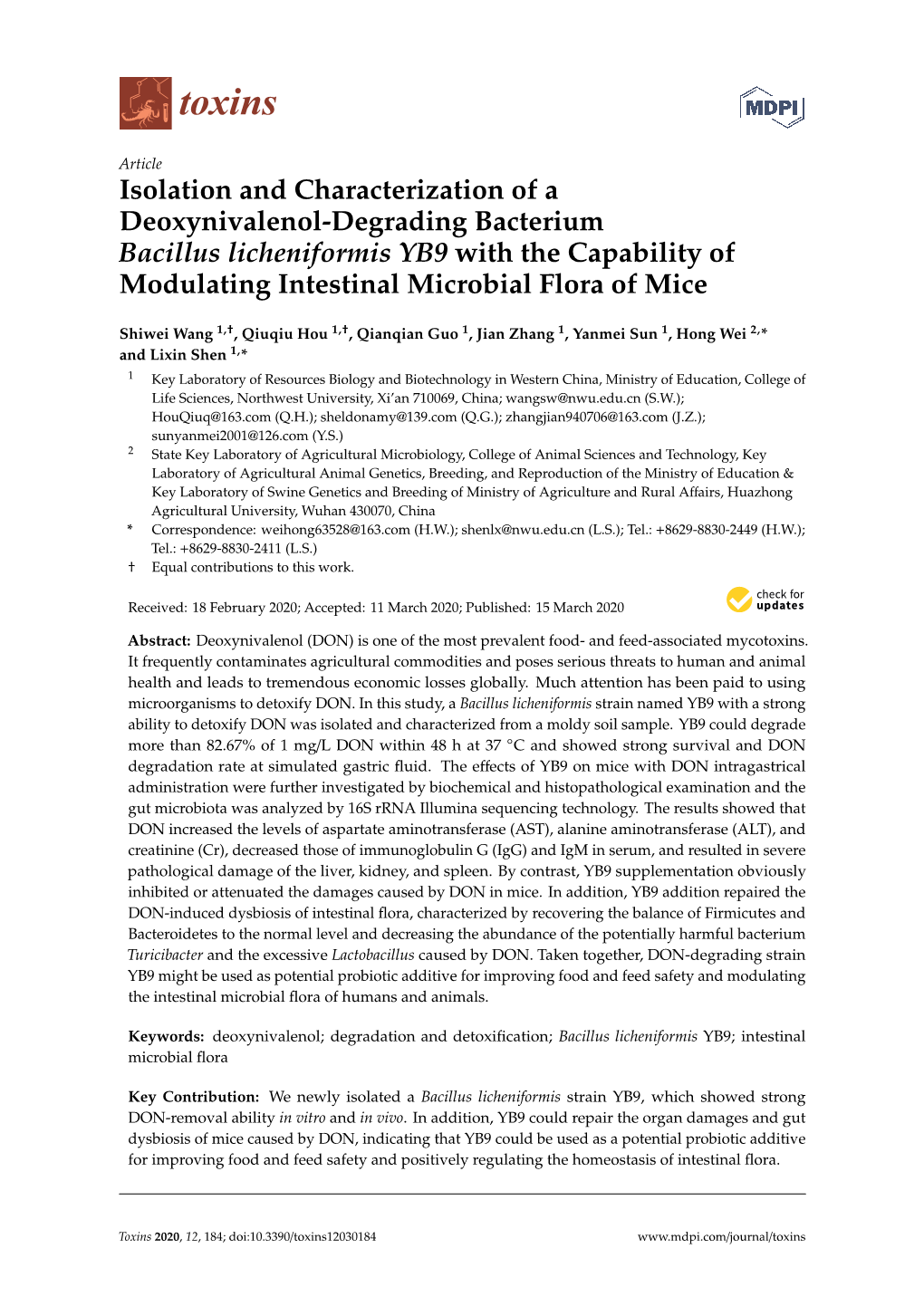 Isolation and Characterization of a Deoxynivalenol-Degrading Bacterium Bacillus Licheniformis YB9 with the Capability of Modulating Intestinal Microbial Flora of Mice