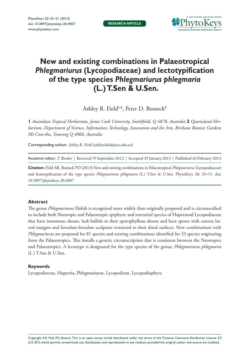 Lycopodiaceae) 33 Doi: 10.3897/Phytokeys.20.4007 Research Article Launched to Accelerate Biodiversity Research