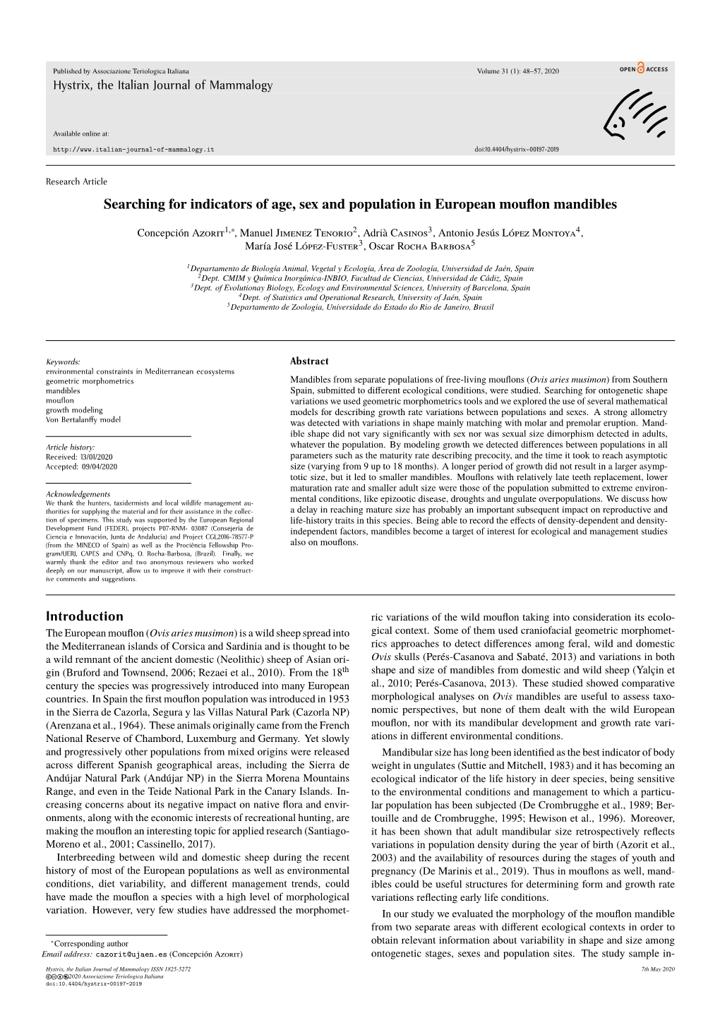 Searching for Indicators of Age, Sex and Population in European Mouﬂon Mandibles