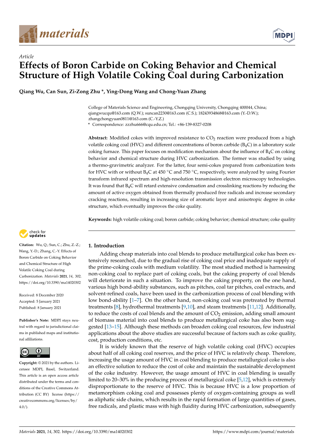 Effects of Boron Carbide on Coking Behavior and Chemical Structure of High Volatile Coking Coal During Carbonization