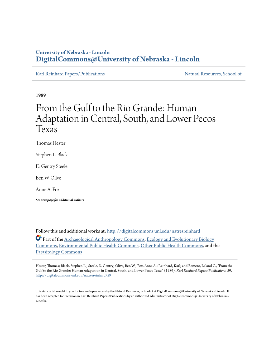 Human Adaptation in Central, South, and Lower Pecos Texas Thomas Hester