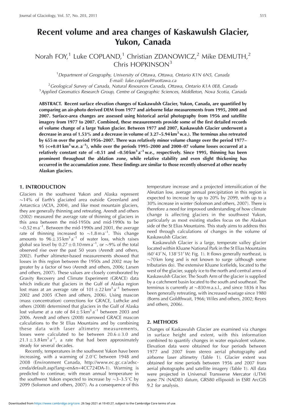 Recent Volume and Area Changes of Kaskawulsh Glacier, Yukon, Canada