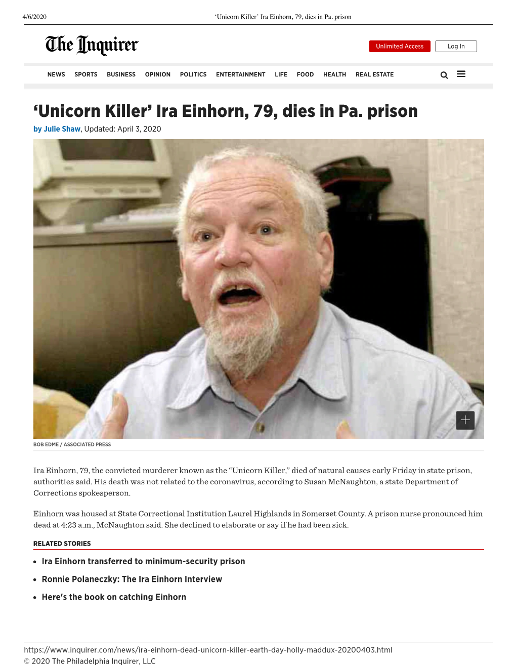 'Unicorn Killer' Ira Einhorn, 79, Dies in Pa. Prison