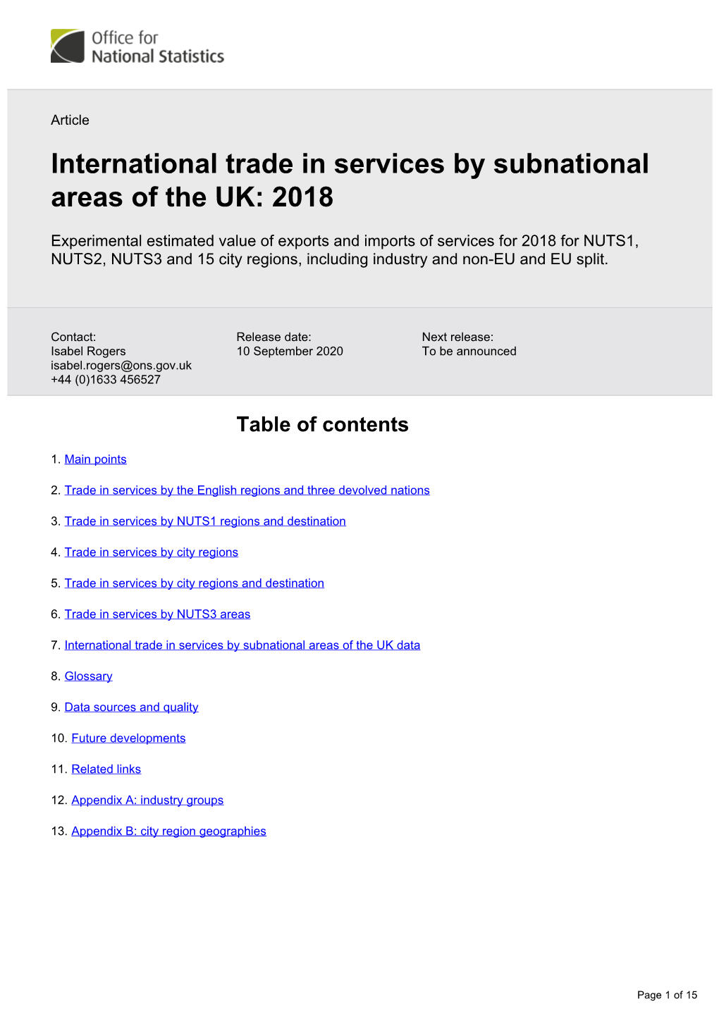 International Trade in Services by Subnational Areas of the UK: 2018