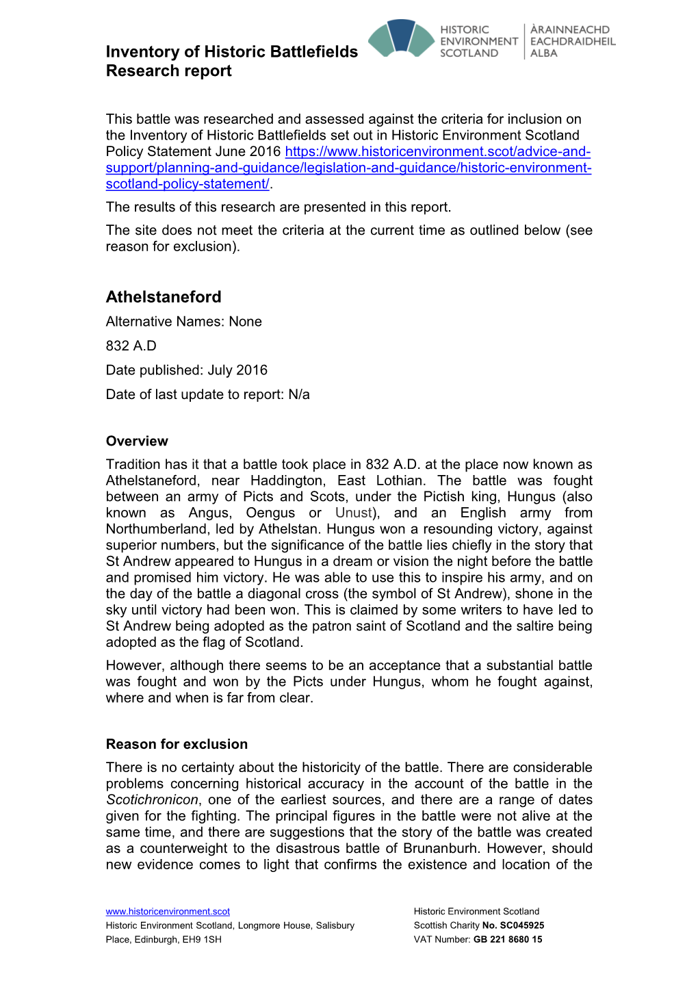 Athelstaneford Alternative Names: None 832 A.D Date Published: July 2016 Date of Last Update to Report: N/A