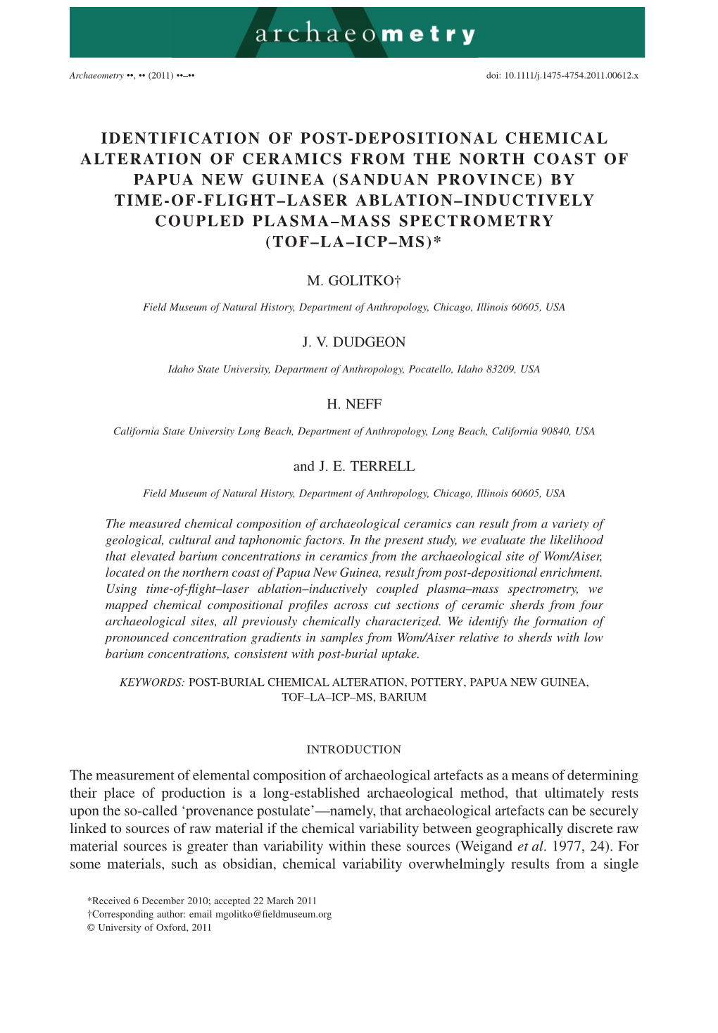 Identification of Postdepositional Chemical Alteration of Ceramics from the North Coast of Papua New Guinea (Sanduan Province) B