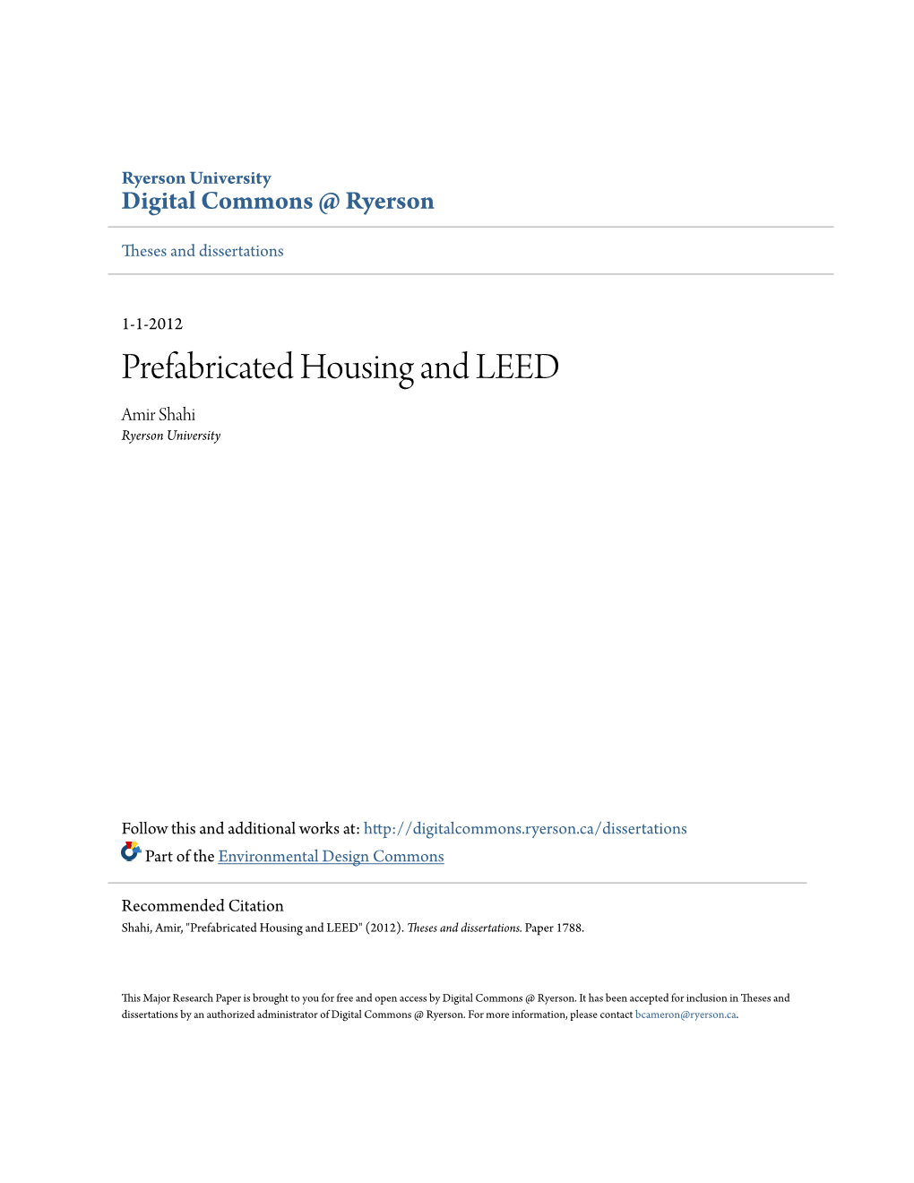 Prefabricated Housing and LEED Amir Shahi Ryerson University