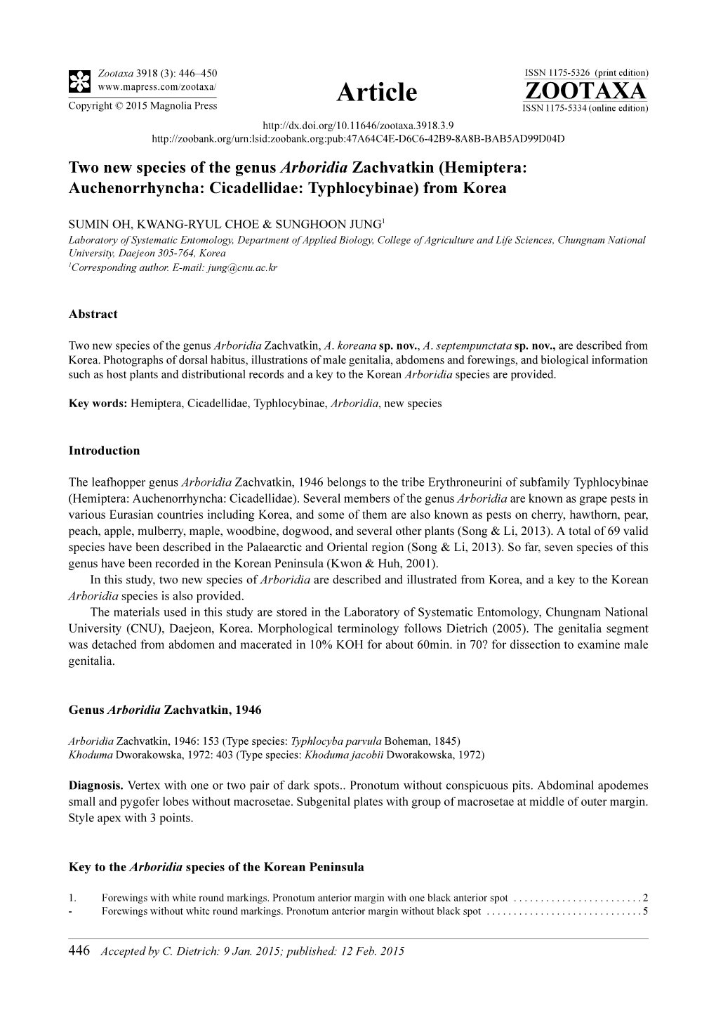 Two New Species of the Genus Arboridia Zachvatkin (Hemiptera: Auchenorrhyncha: Cicadellidae: Typhlocybinae) from Korea