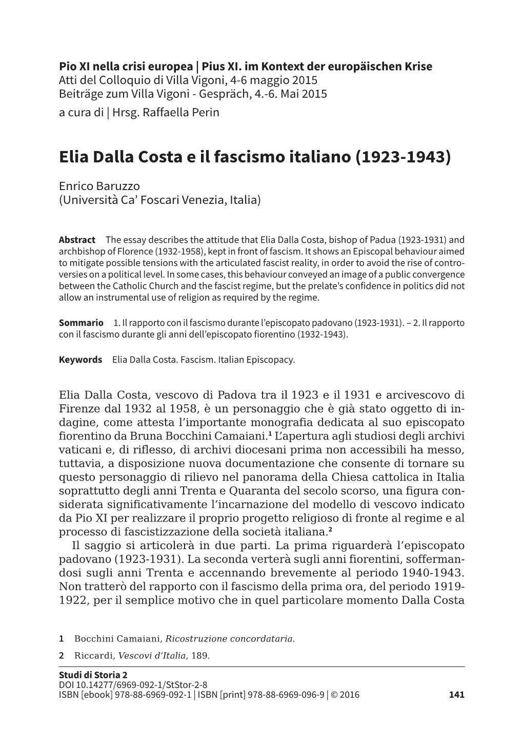 Elia Dalla Costa E Il Fascismo Italiano (1923-1943)