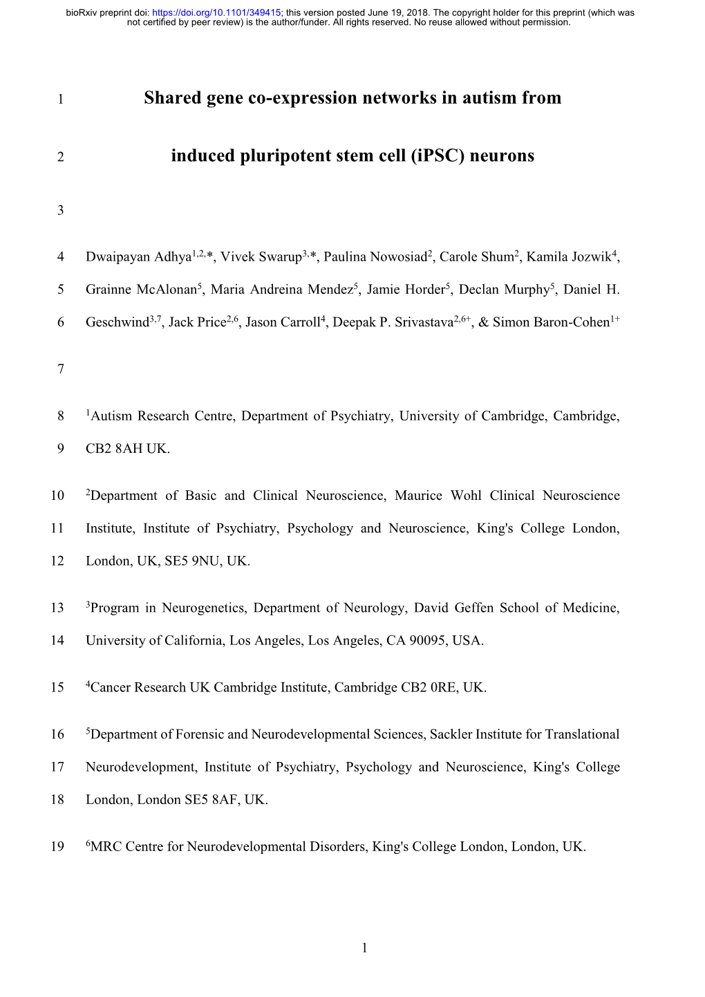 Shared Gene Co-Expression Networks in Autism from Induced Pluripotent