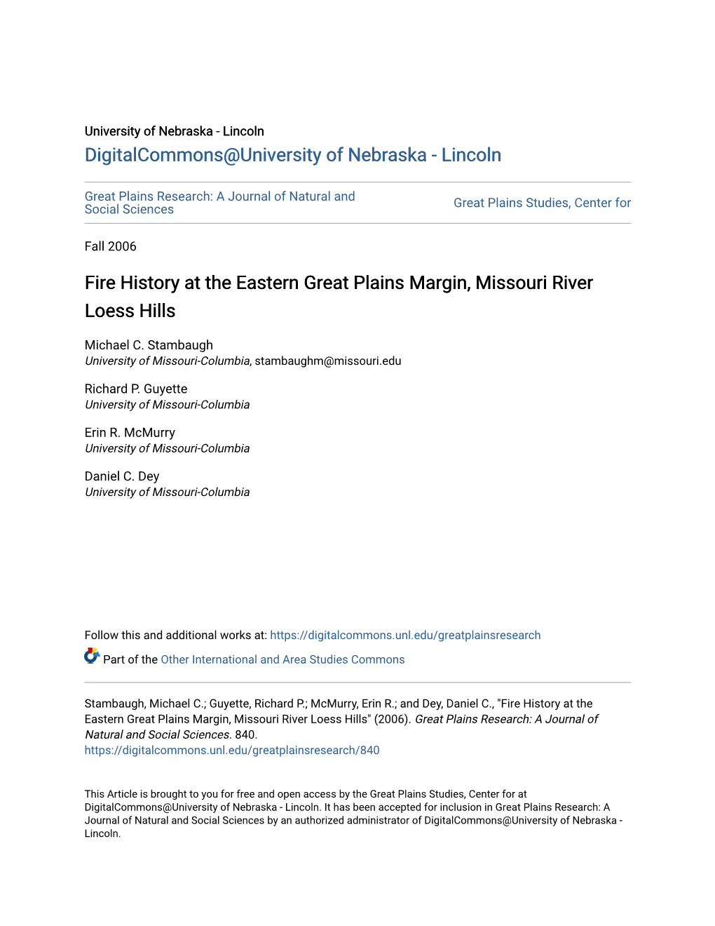 Fire History at the Eastern Great Plains Margin, Missouri River Loess Hills