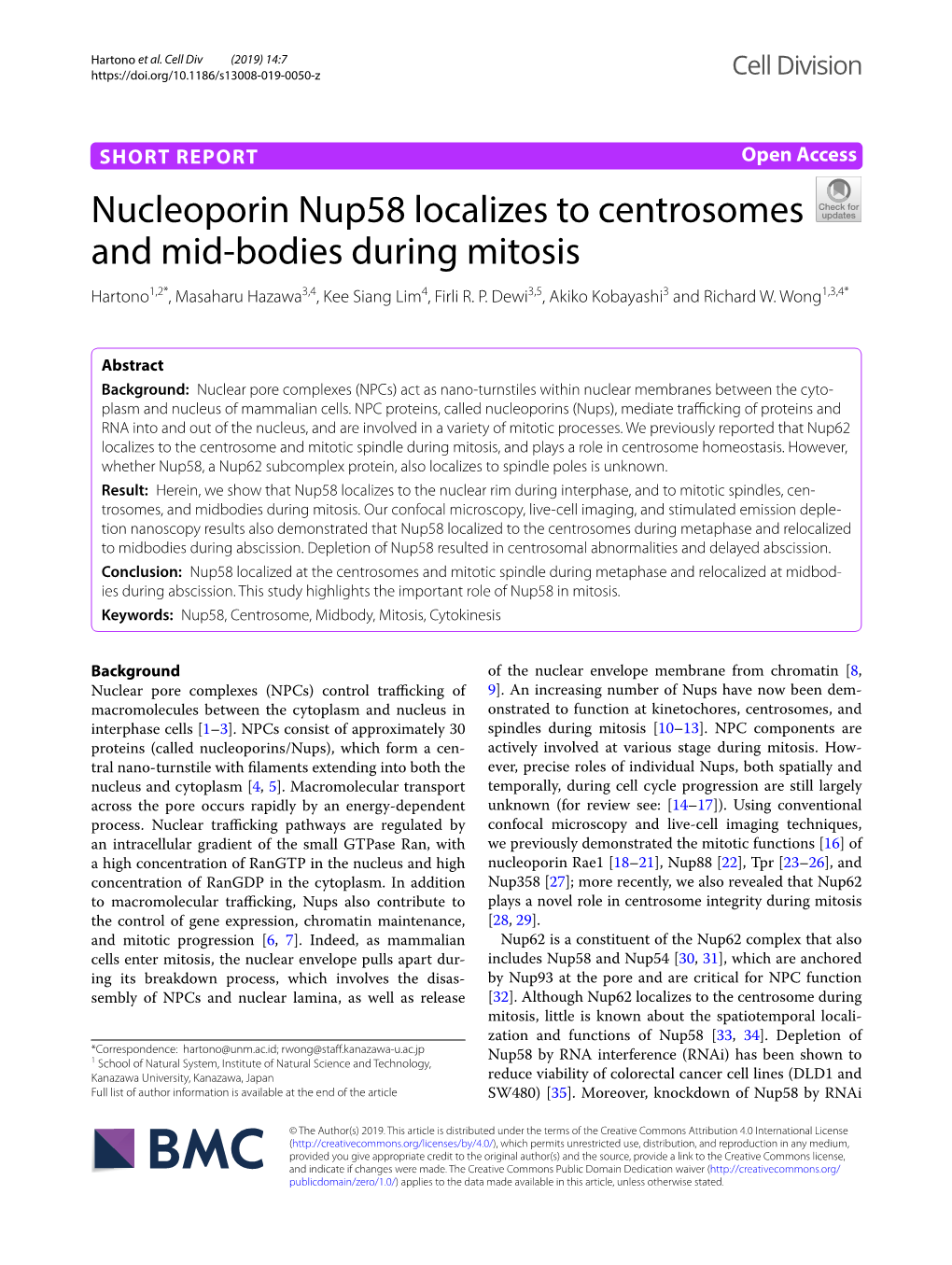 Nucleoporin Nup58 Localizes to Centrosomes and Mid-Bodies