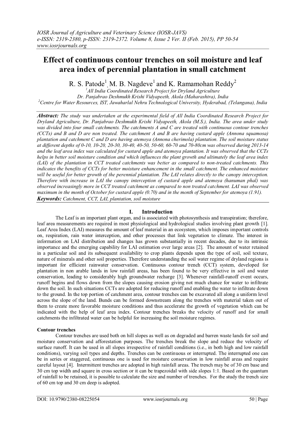 Effect of Continuous Contour Trenches on Soil Moisture and Leaf Area Index of Perennial Plantation in Small Catchment