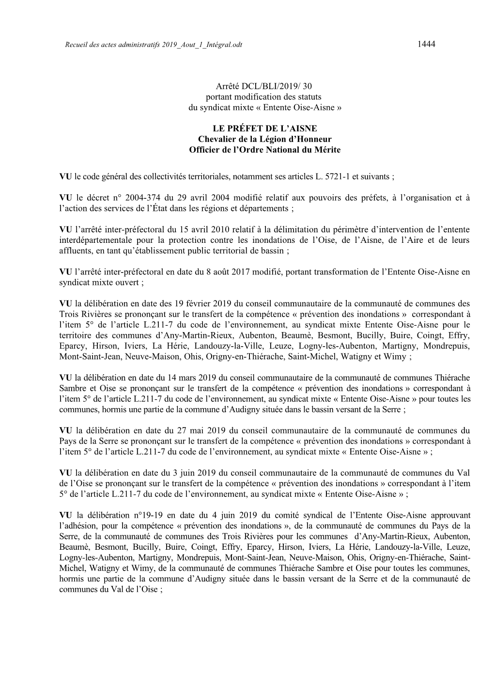 30 Portant Modification Des Statuts Du Syndicat Mixte « Entente Oise-Aisne »