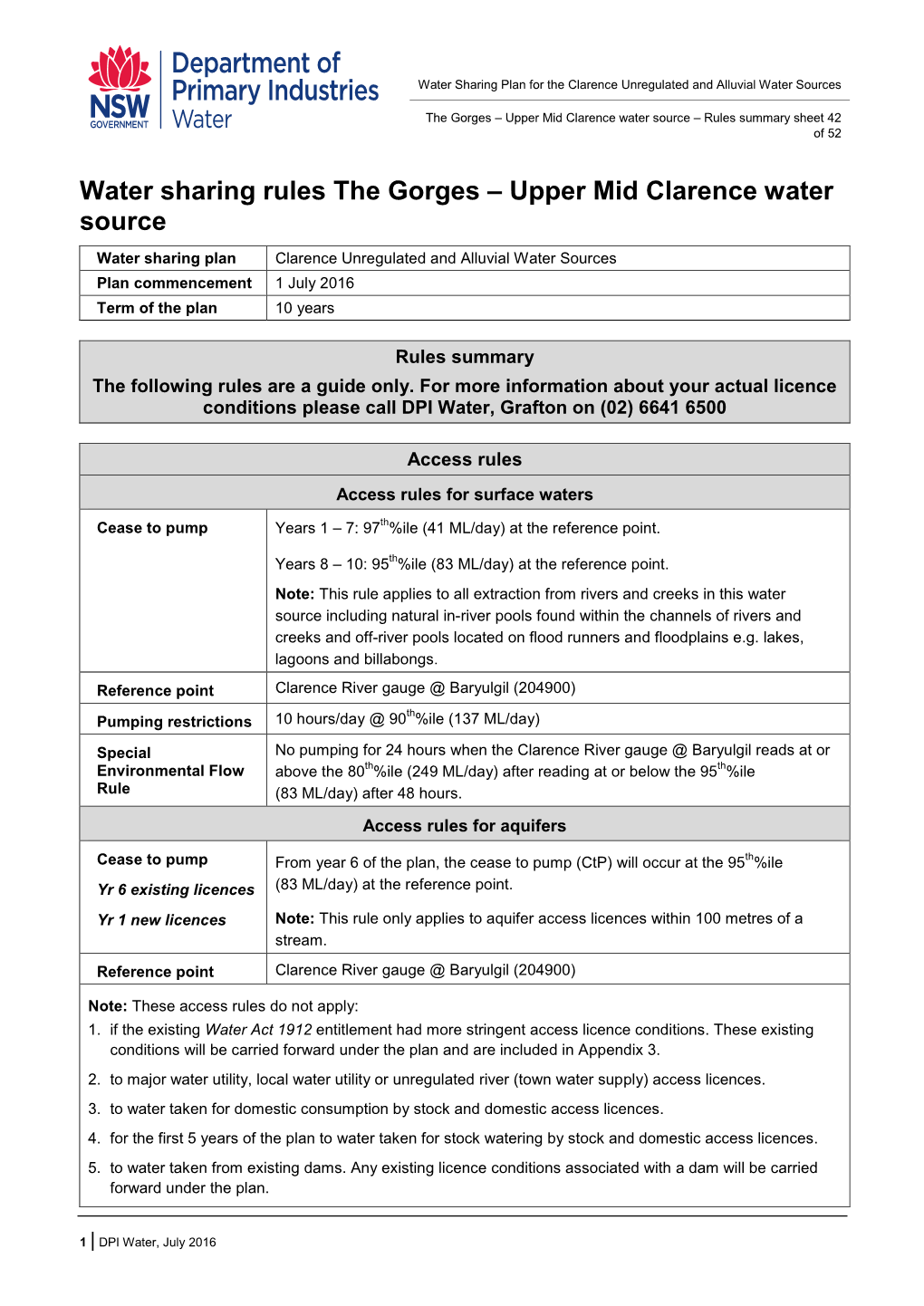 Upper Mid Clarence Water Source – Rules Summary Sheet 42