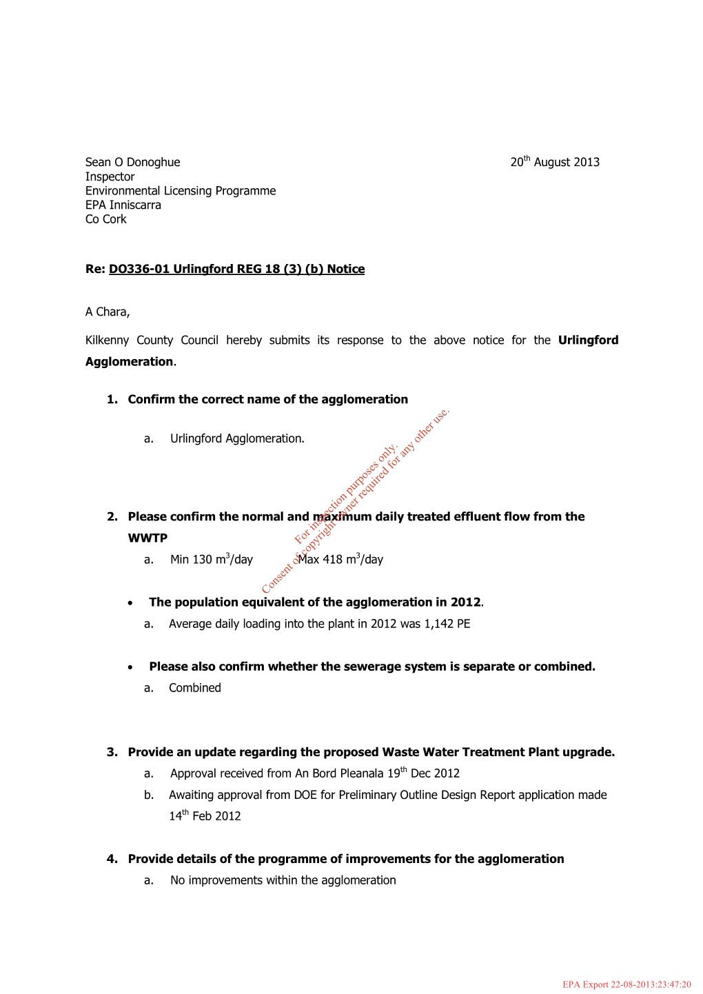 Sean O Donoghue 20Th August 2013 Inspector Environmental Licensing Programme EPA Inniscarra Co Cork