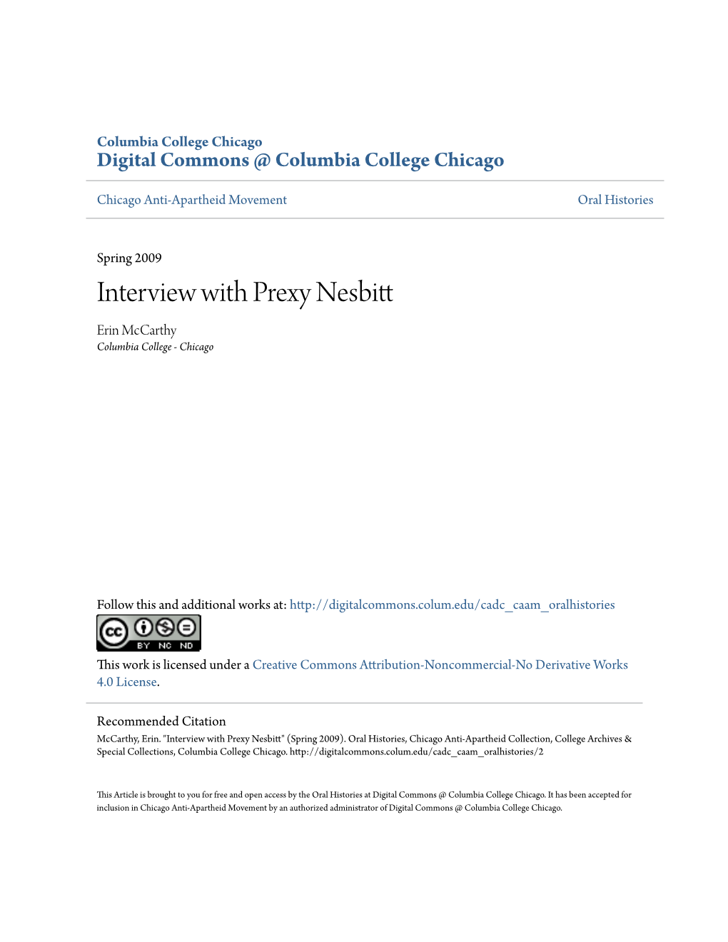 Interview with Prexy Nesbitt Erin Mccarthy Columbia College - Chicago