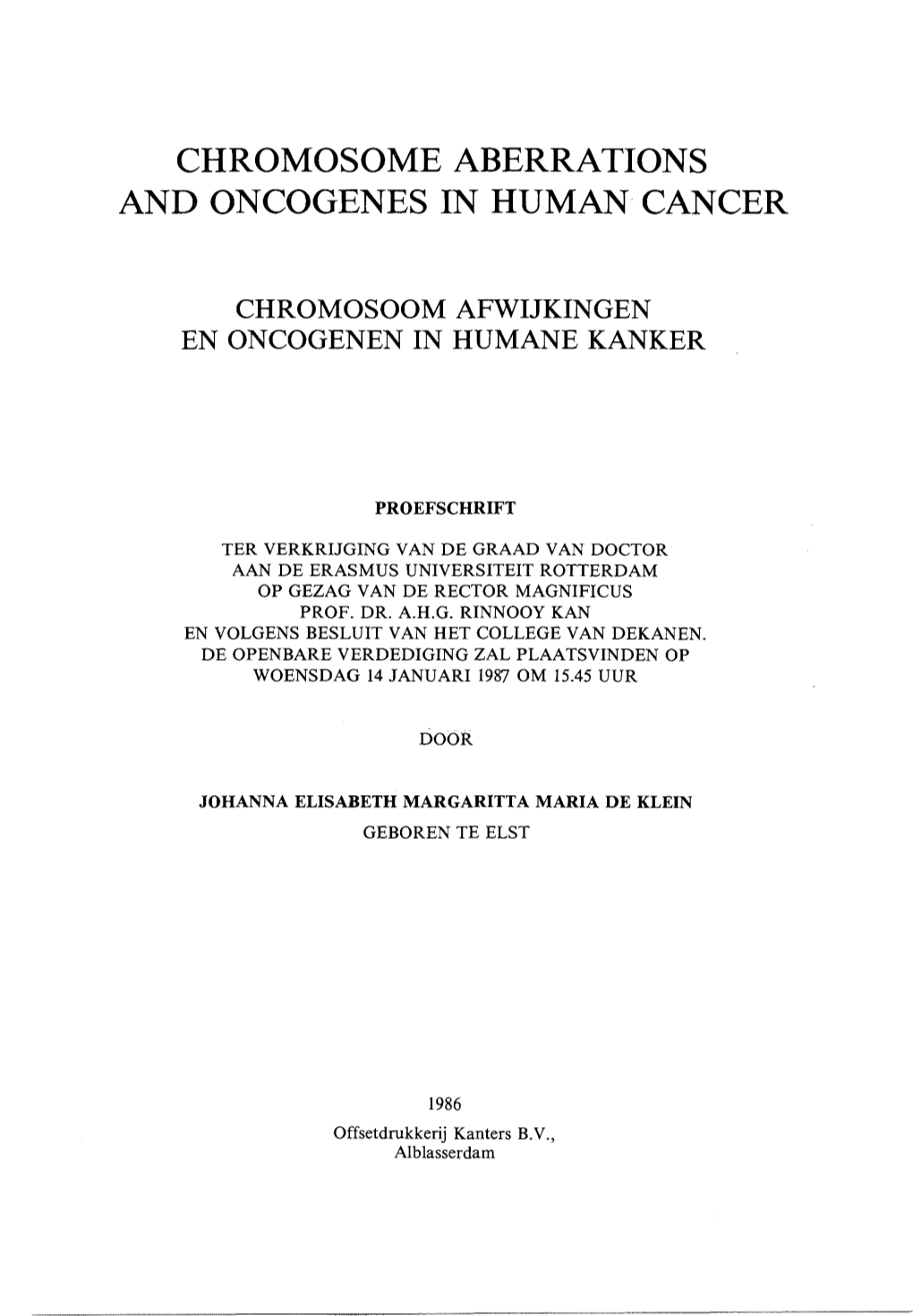 Chromosome Aberrations and Oncogenes in Human Cancer