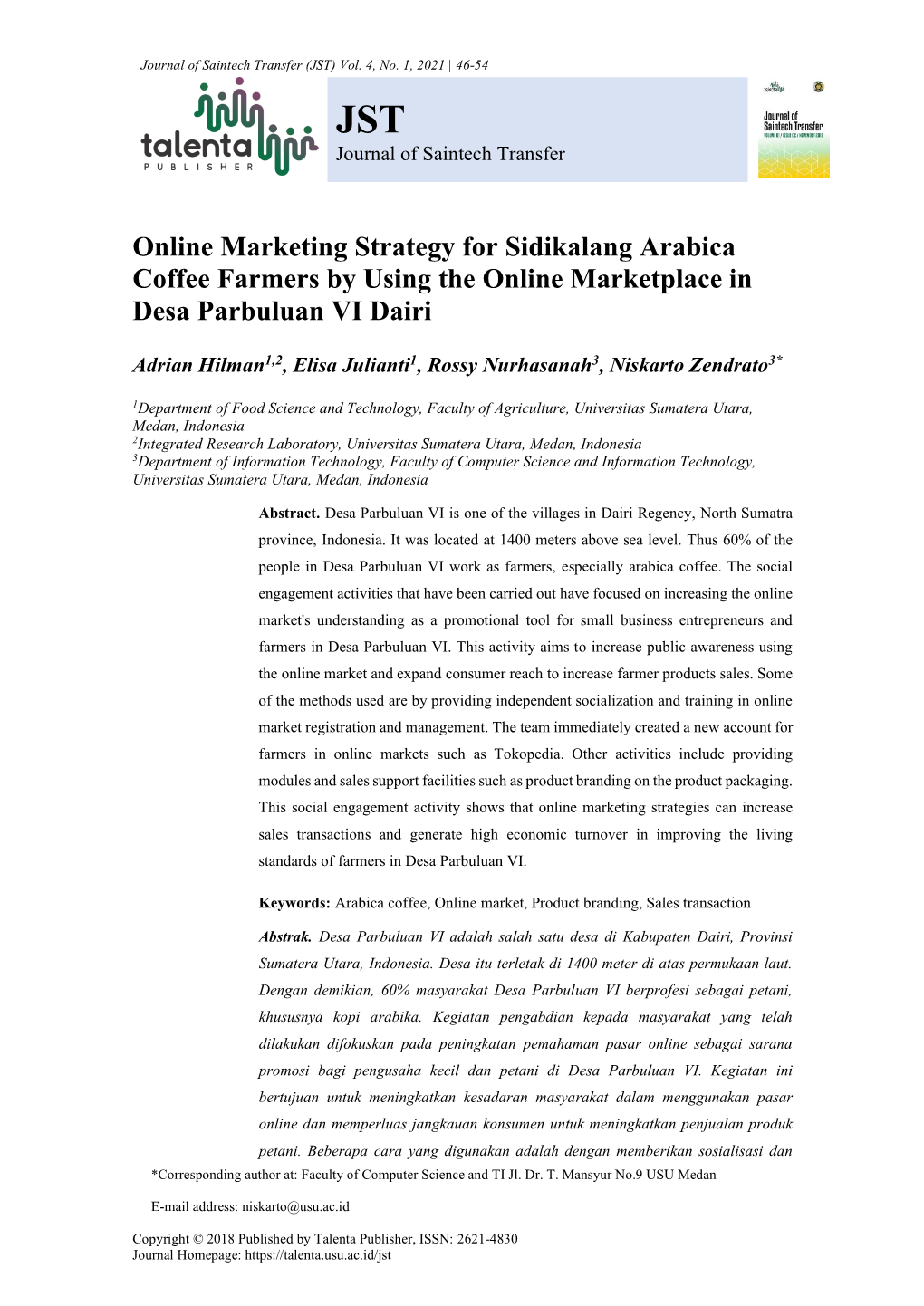 Online Marketing Strategy for Sidikalang Arabica Coffee Farmers by Using the Online Marketplace in Desa Parbuluan VI Dairi