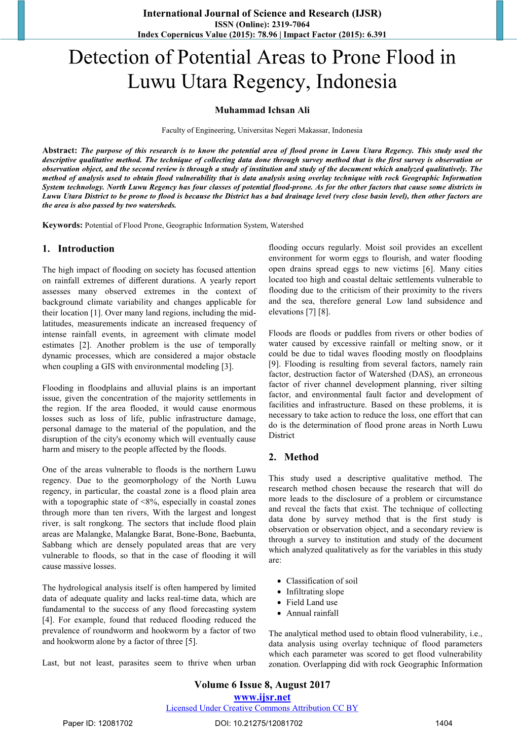 Detection of Potential Areas to Prone Flood in Luwu Utara Regency, Indonesia