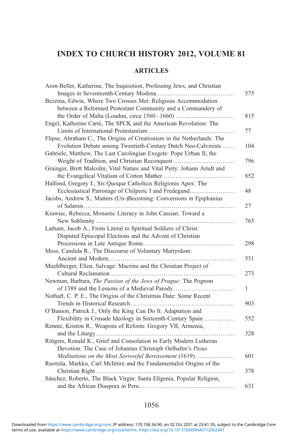 Index to Church History 2012, Volume 81