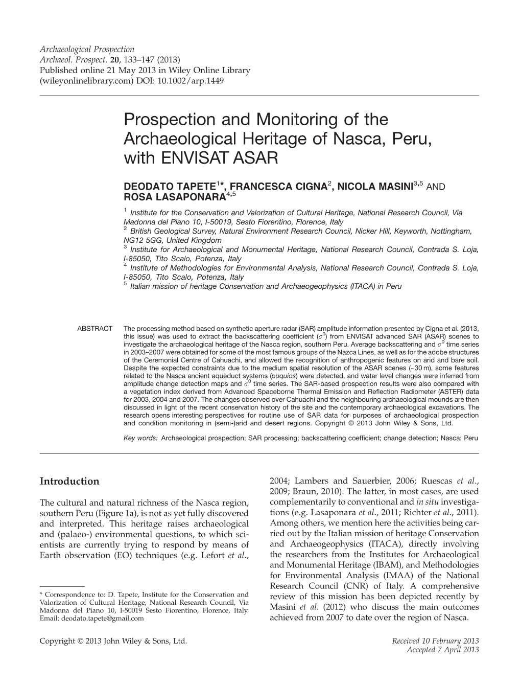 Prospection and Monitoring of the Archaeological Heritage of Nasca, Peru, with ENVISAT ASAR