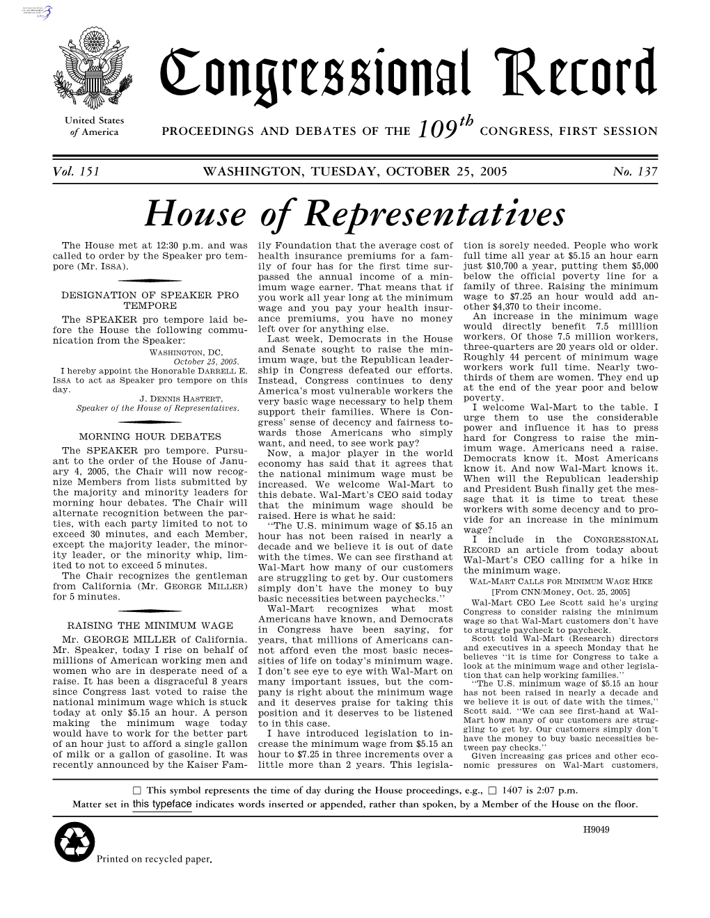 Congressional Record United States Th of America PROCEEDINGS and DEBATES of the 109 CONGRESS, FIRST SESSION