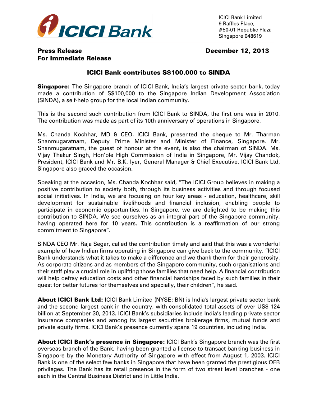 Press Release December 12, 2013 for Immediate Release