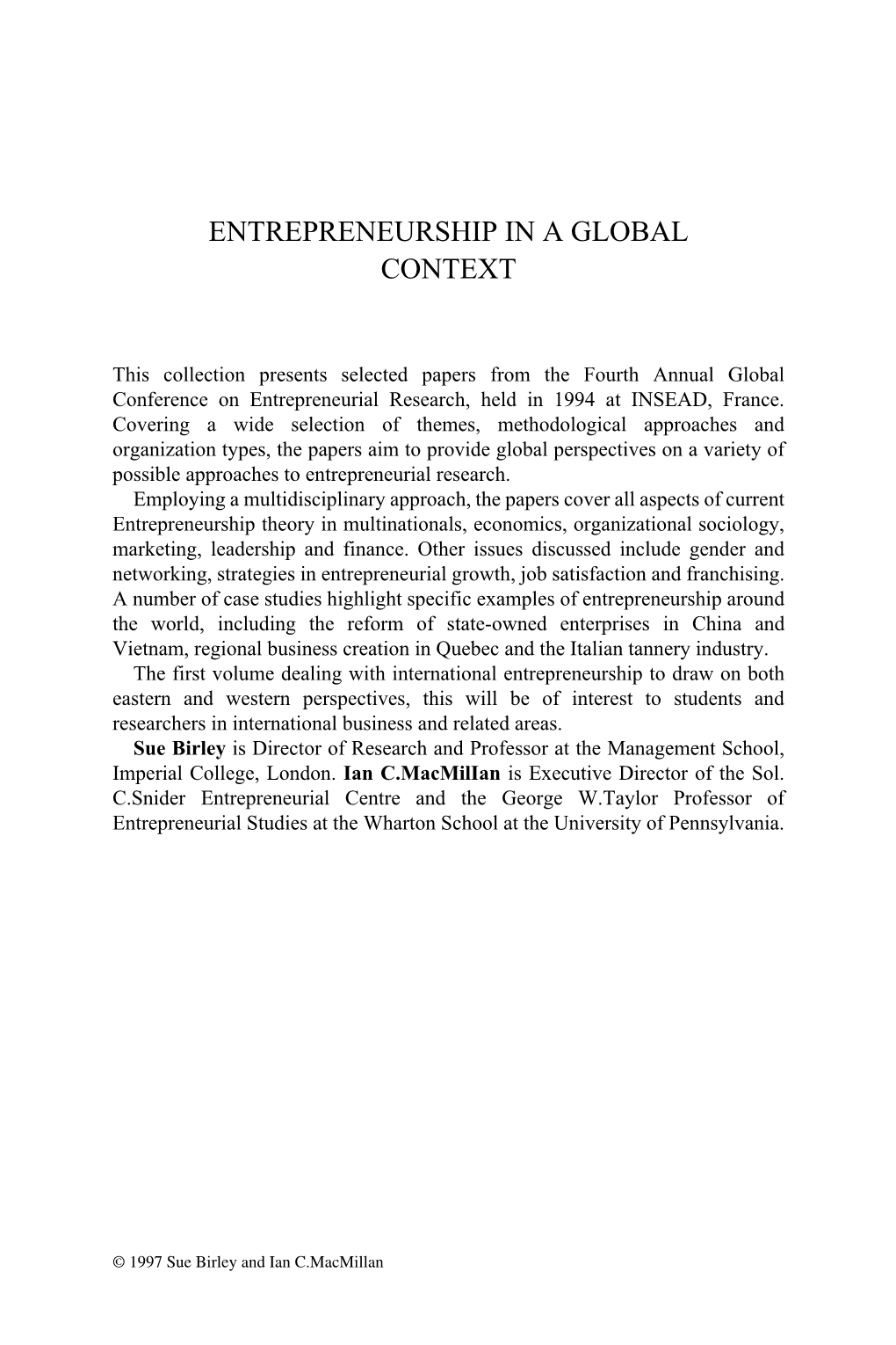 Entrepreneurship in a Global Context