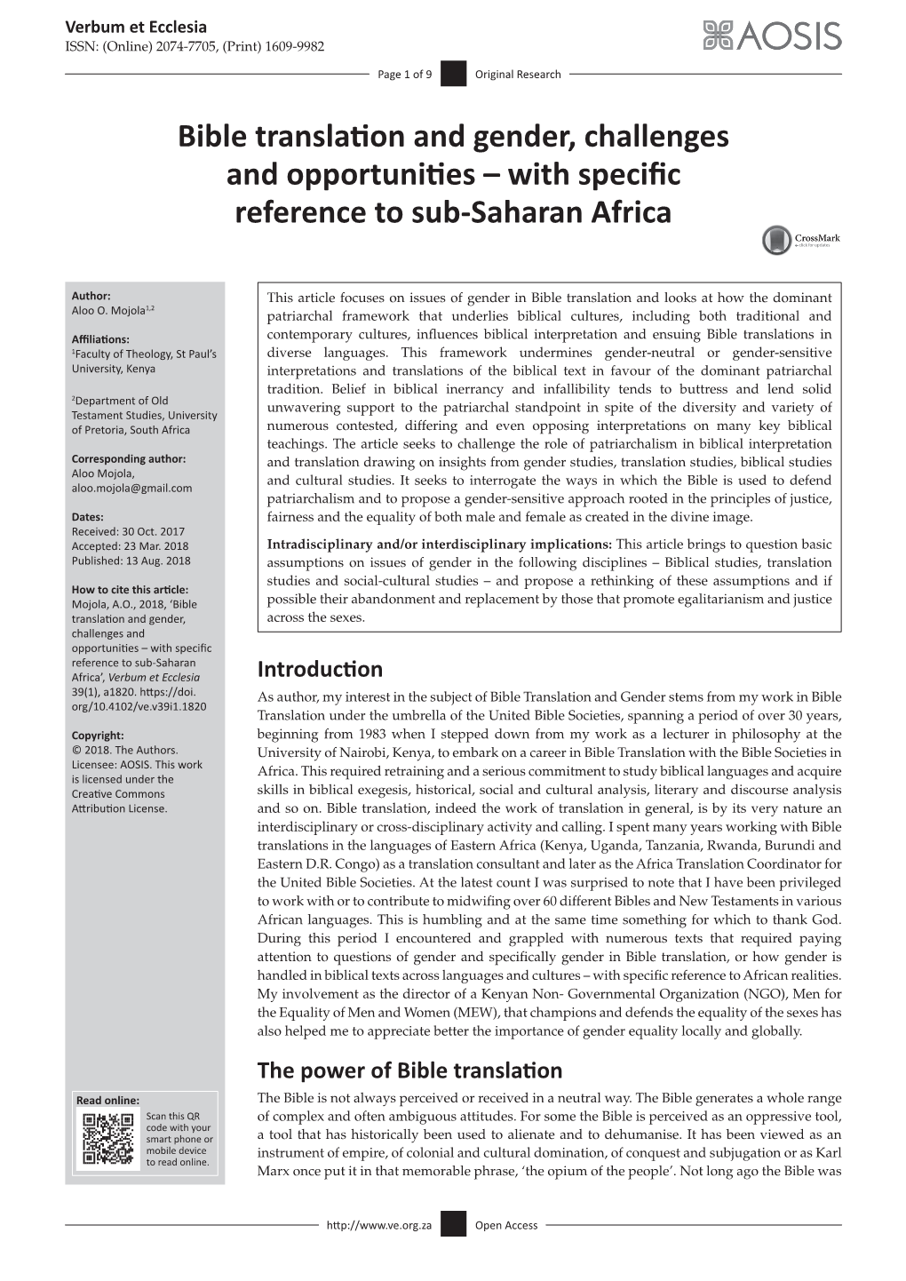 Bible Translation and Gender, Challenges and Opportunities – with Specific Reference to Sub-Saharan Africa