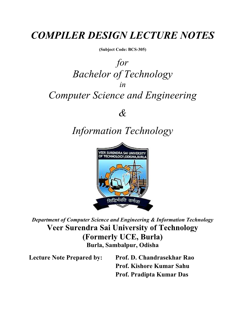 Principles of Compiler Design Lecture Notes