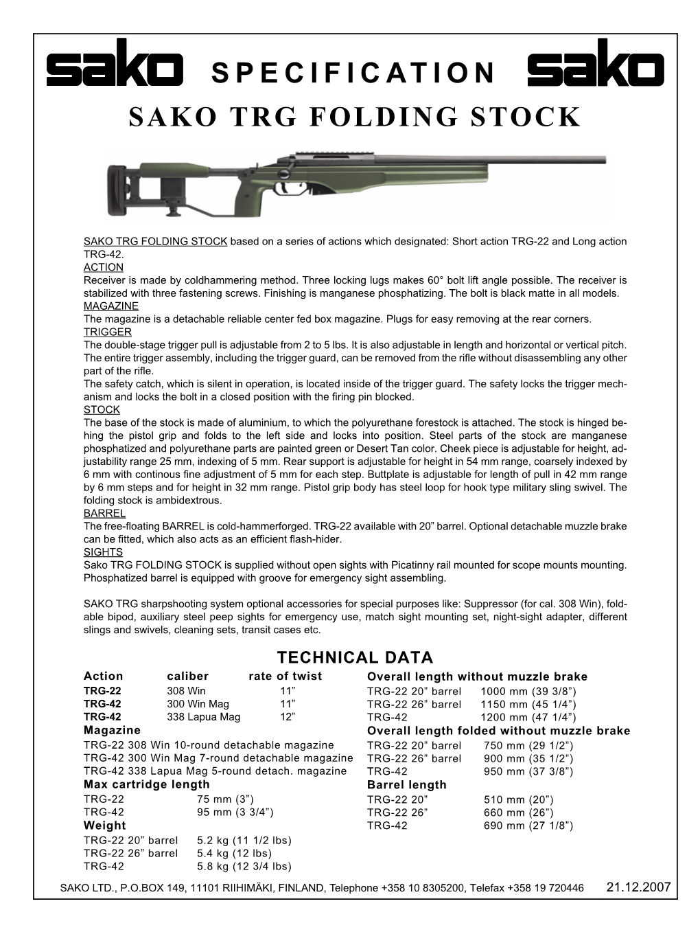 Specification Sako Trg Folding Stock
