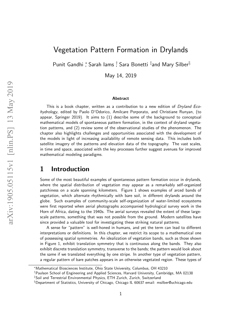 Vegetation Pattern Formation in Drylands Arxiv:1905.05115V1 [Nlin.PS] 13 May 2019