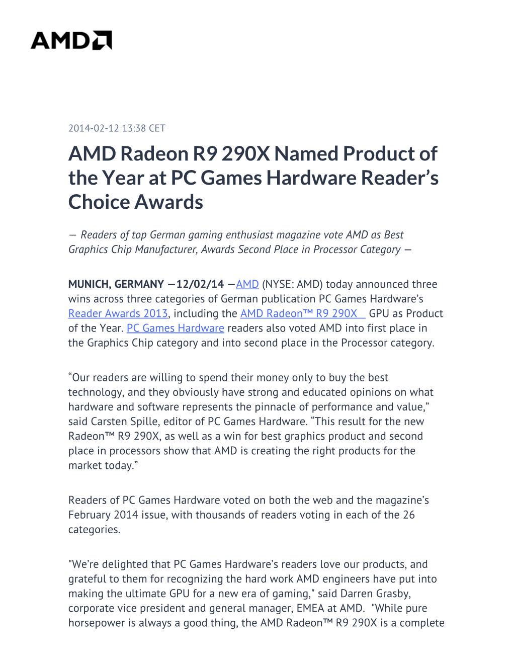 AMD Radeon R9 290X Named Product of the Year at PC Games Hardware Reader’S Choice Awards