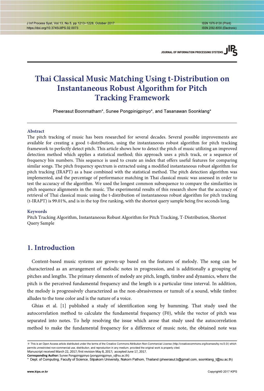 Thai Classical Music Matching Using T-Distribution on Instantaneous Robust Algorithm for Pitch Tracking Framework