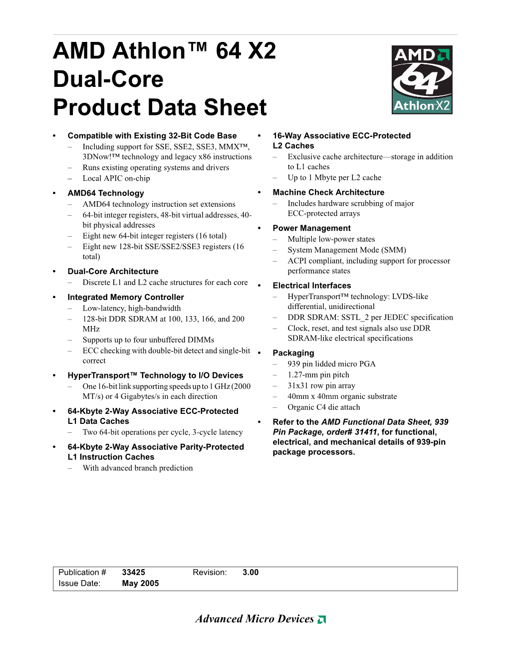 AMD Athlon 64 X2 Dual Core Product Data Sheet