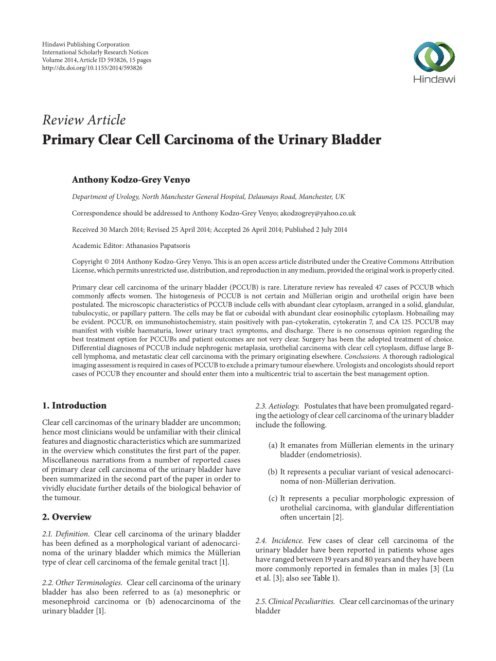 Primary Clear Cell Carcinoma of the Urinary Bladder