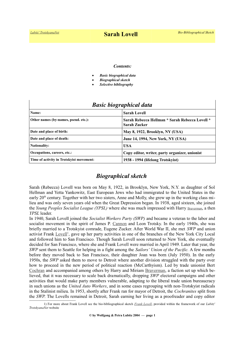 Sarah Lovell Bio-Bibliographical Sketch