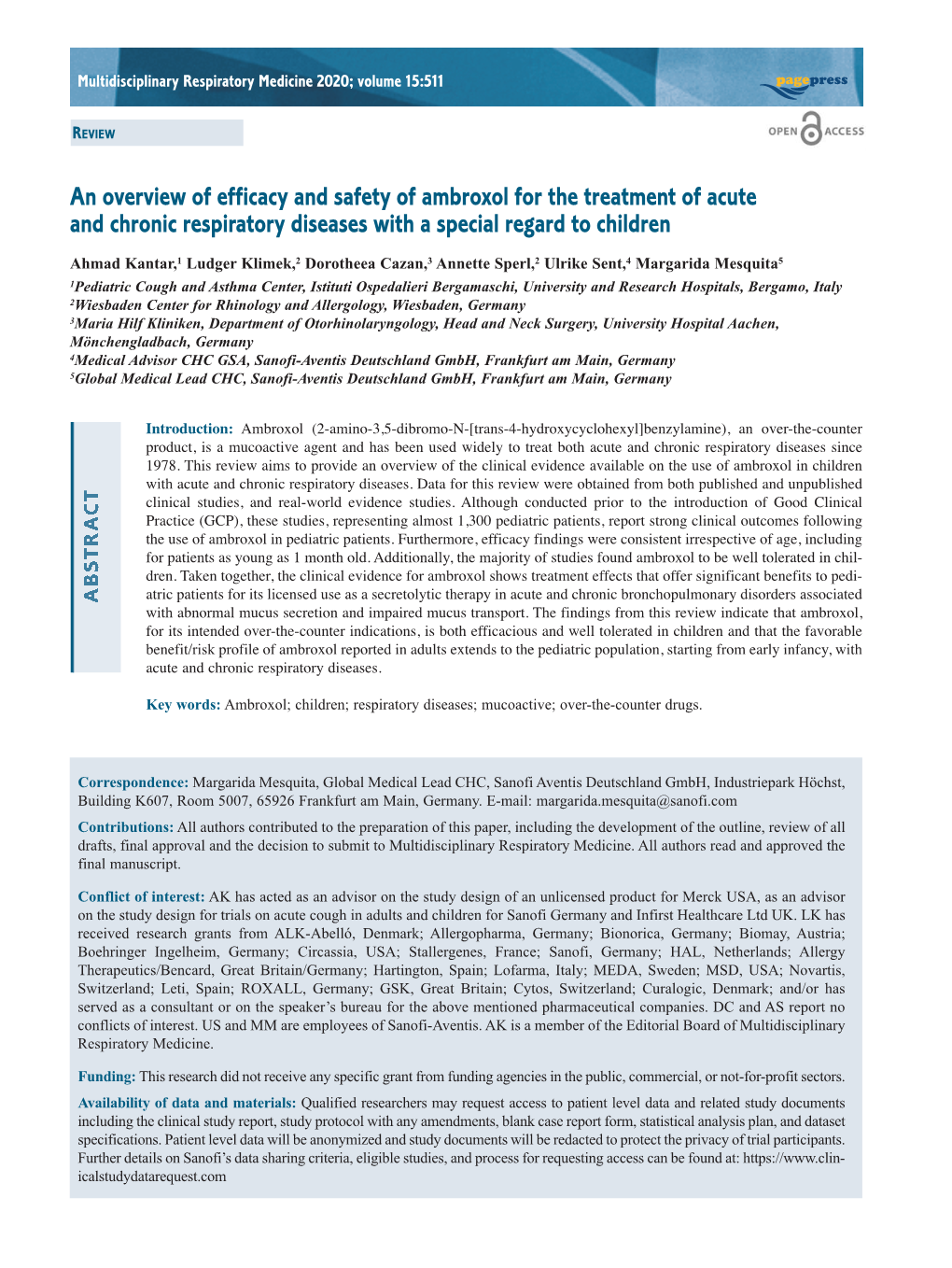 An Overview of Efficacy and Safety of Ambroxol for the Treatment of Acute and Chronic Respiratory Diseases with a Special Regard to Children