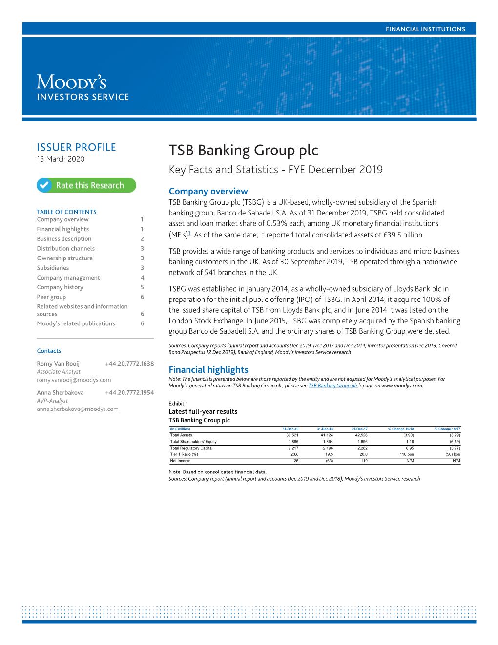 TSB Banking Group Plc 13 March 2020 Key Facts and Statistics - FYE December 2019