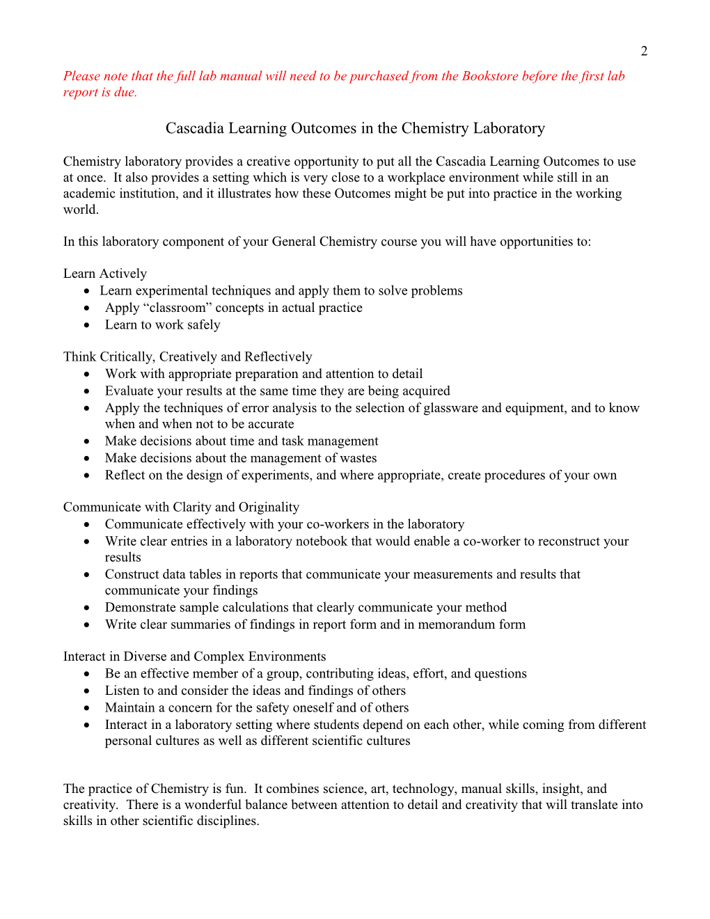 Cascadia Learning Outcomes in the Chemistry Laboratory