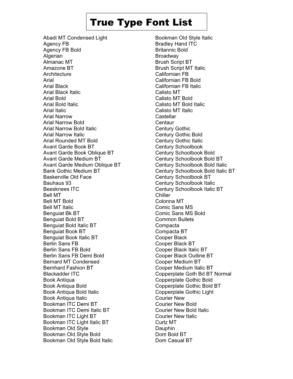 True Type Font List
